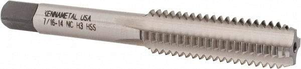 Kennametal - 7/16-14 UNC 4 Flute Bright Finish High Speed Steel Straight Flute Standard Hand Tap - Bottoming, Right Hand Thread, 3.16" OAL, 1.438" Thread Length, H3 Limit, Oversize - Exact Industrial Supply