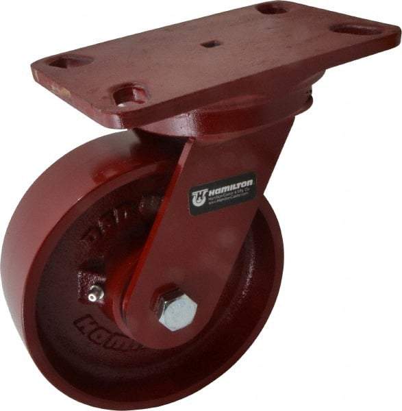 Hamilton - 6" Diam x 2" Wide x 7-3/4" OAH Top Plate Mount Swivel Caster - Cast Iron, 1,400 Lb Capacity, Roller Bearing, 4-1/2 x 6-1/2" Plate - Industrial Tool & Supply