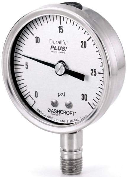 Ashcroft - 3-1/2" Dial, 1/4 Thread, 0-30 Scale Range, Pressure Gauge - Lower Connection Mount, Accurate to 1% of Scale - Industrial Tool & Supply