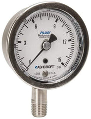 Ashcroft - 2-1/2" Dial, 1/4 Thread, 0-15 Scale Range, Pressure Gauge - Lower Connection Mount, Accurate to 3-2-3% of Scale - Industrial Tool & Supply