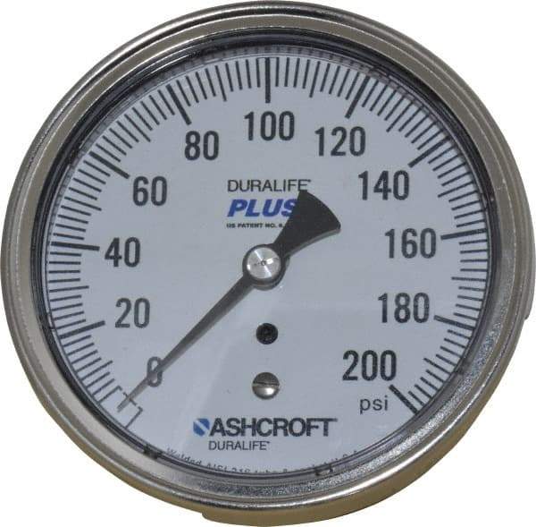 Ashcroft - 3-1/2" Dial, 1/4 Thread, 0-200 Scale Range, Pressure Gauge - Center Back Connection Mount, Accurate to 1% of Scale - Industrial Tool & Supply