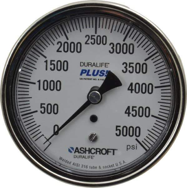 Ashcroft - 3-1/2" Dial, 1/4 Thread, 0-5,000 Scale Range, Pressure Gauge - Center Back Connection Mount, Accurate to 1% of Scale - Industrial Tool & Supply