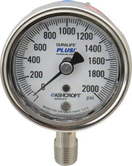 Ashcroft - 2-1/2" Dial, 1/4 Thread, 0-2,000 Scale Range, Pressure Gauge - Lower Connection Mount, Accurate to 1% of Scale - Industrial Tool & Supply