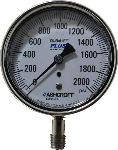 Ashcroft - 3-1/2" Dial, 1/4 Thread, 0-2,000 Scale Range, Pressure Gauge - Lower Connection Mount, Accurate to 1% of Scale - Industrial Tool & Supply