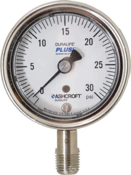 Ashcroft - 2-1/2" Dial, 1/4 Thread, 0-30 Scale Range, Pressure Gauge - Lower Connection Mount, Accurate to 1% of Scale - Industrial Tool & Supply