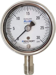Ashcroft - 2-1/2" Dial, 1/4 Thread, 0-30 Scale Range, Pressure Gauge - Lower Connection Mount, Accurate to 1% of Scale - Industrial Tool & Supply