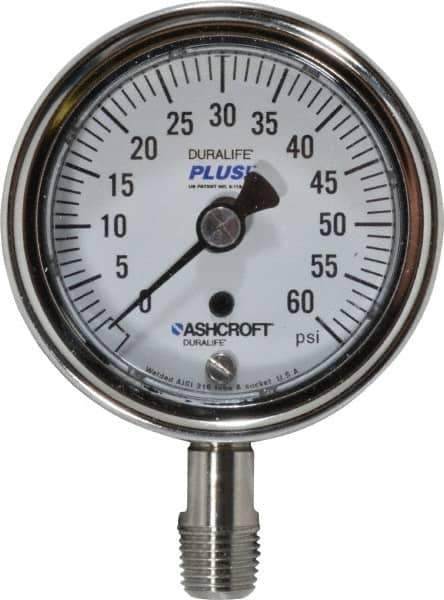 Ashcroft - 2-1/2" Dial, 1/4 Thread, 0-60 Scale Range, Pressure Gauge - Lower Connection Mount, Accurate to 1% of Scale - Industrial Tool & Supply