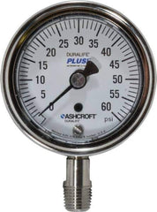Ashcroft - 2-1/2" Dial, 1/4 Thread, 0-60 Scale Range, Pressure Gauge - Lower Connection Mount, Accurate to 1% of Scale - Industrial Tool & Supply
