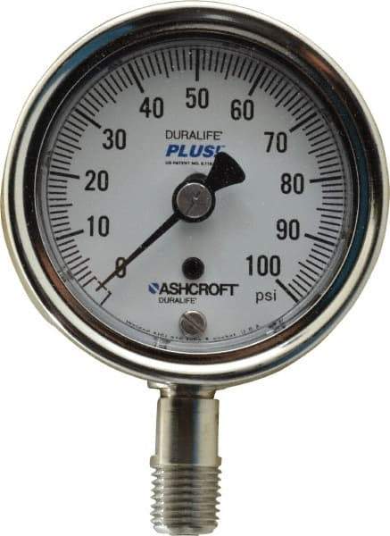 Ashcroft - 2-1/2" Dial, 1/4 Thread, 0-100 Scale Range, Pressure Gauge - Lower Connection Mount, Accurate to 1% of Scale - Industrial Tool & Supply