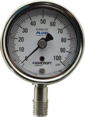 Ashcroft - 2-1/2" Dial, 1/4 Thread, 0-100 Scale Range, Pressure Gauge - Lower Connection Mount, Accurate to 1% of Scale - Industrial Tool & Supply