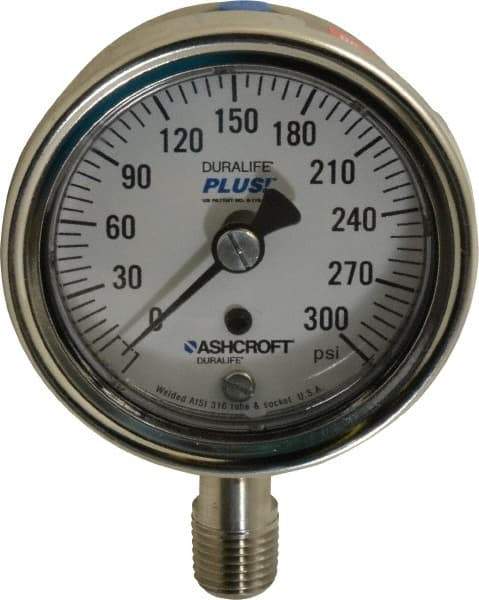 Ashcroft - 2-1/2" Dial, 1/4 Thread, 0-300 Scale Range, Pressure Gauge - Lower Connection Mount, Accurate to 1% of Scale - Industrial Tool & Supply