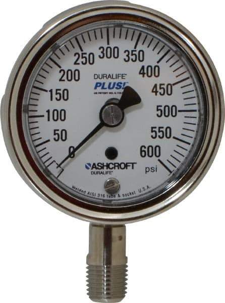 Ashcroft - 2-1/2" Dial, 1/4 Thread, 0-600 Scale Range, Pressure Gauge - Lower Connection Mount, Accurate to 1% of Scale - Industrial Tool & Supply