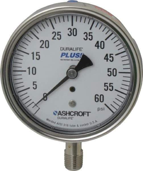 Ashcroft - 3-1/2" Dial, 1/4 Thread, 0-60 Scale Range, Pressure Gauge - Lower Connection Mount, Accurate to 1% of Scale - Industrial Tool & Supply