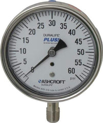 Ashcroft - 3-1/2" Dial, 1/4 Thread, 0-60 Scale Range, Pressure Gauge - Lower Connection Mount, Accurate to 1% of Scale - Industrial Tool & Supply