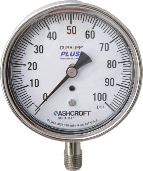 Ashcroft - 3-1/2" Dial, 1/4 Thread, 0-100 Scale Range, Pressure Gauge - Lower Connection Mount, Accurate to 1% of Scale - Industrial Tool & Supply