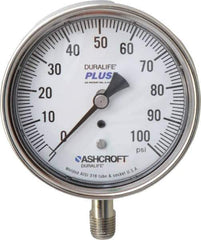 Ashcroft - 3-1/2" Dial, 1/4 Thread, 0-100 Scale Range, Pressure Gauge - Lower Connection Mount, Accurate to 1% of Scale - Industrial Tool & Supply