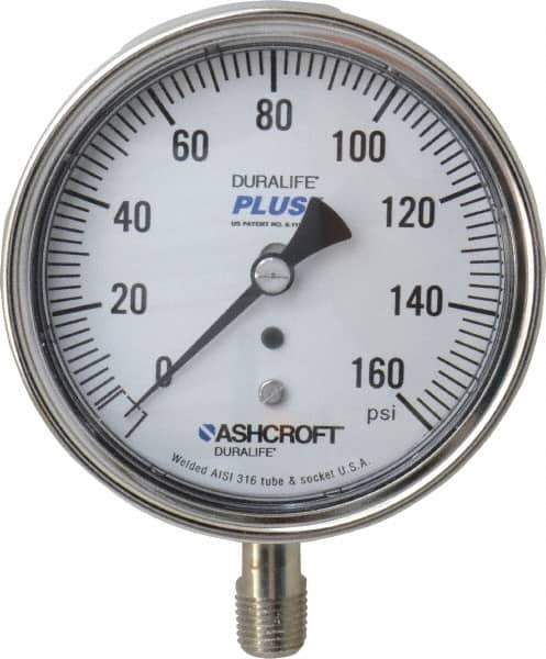 Ashcroft - 3-1/2" Dial, 1/4 Thread, 0-160 Scale Range, Pressure Gauge - Lower Connection Mount, Accurate to 1% of Scale - Industrial Tool & Supply
