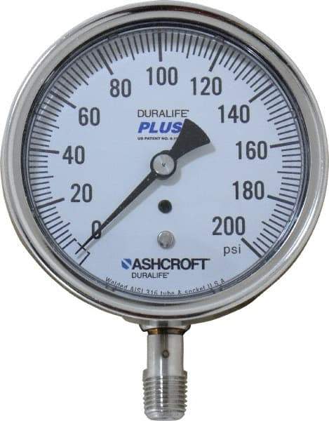 Ashcroft - 3-1/2" Dial, 1/4 Thread, 0-200 Scale Range, Pressure Gauge - Lower Connection Mount, Accurate to 1% of Scale - Industrial Tool & Supply