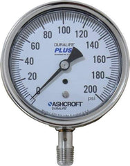 Ashcroft - 3-1/2" Dial, 1/4 Thread, 0-200 Scale Range, Pressure Gauge - Lower Connection Mount, Accurate to 1% of Scale - Industrial Tool & Supply