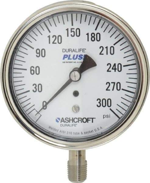 Ashcroft - 3-1/2" Dial, 1/4 Thread, 0-300 Scale Range, Pressure Gauge - Lower Connection Mount, Accurate to 1% of Scale - Industrial Tool & Supply