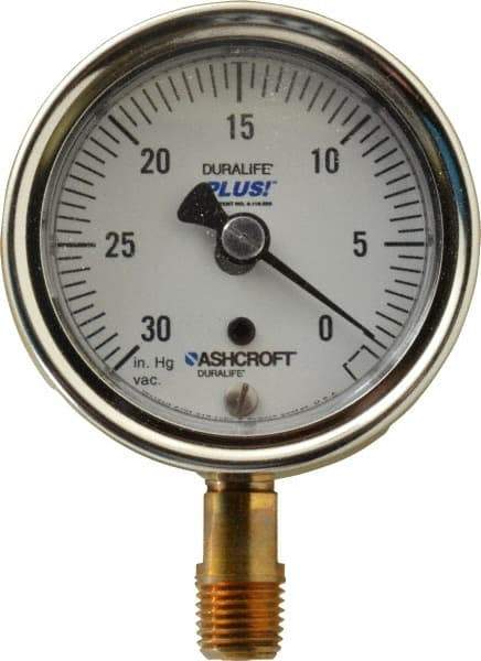 Ashcroft - 2-1/2" Dial, 1/4 Thread, 30-0 Scale Range, Pressure Gauge - Lower Connection Mount, Accurate to 1% of Scale - Industrial Tool & Supply