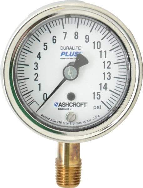 Ashcroft - 2-1/2" Dial, 1/4 Thread, 0-15 Scale Range, Pressure Gauge - Lower Connection Mount, Accurate to 1% of Scale - Industrial Tool & Supply