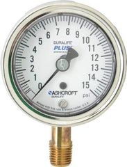 Ashcroft - 2-1/2" Dial, 1/4 Thread, 0-15 Scale Range, Pressure Gauge - Lower Connection Mount, Accurate to 1% of Scale - Industrial Tool & Supply