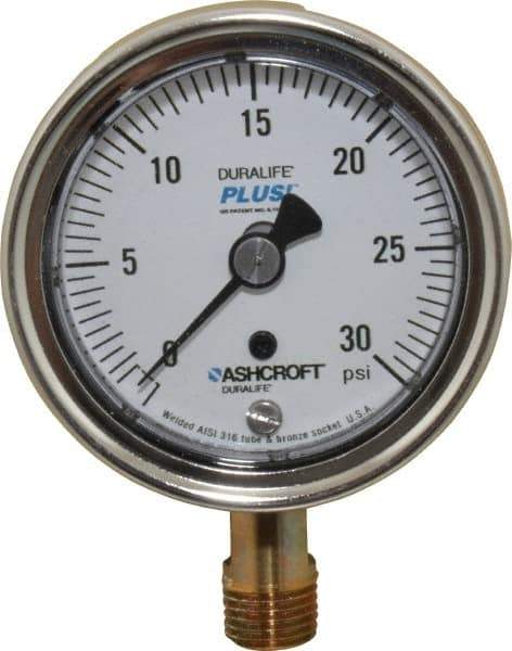 Ashcroft - 2-1/2" Dial, 1/4 Thread, 0-30 Scale Range, Pressure Gauge - Lower Connection Mount, Accurate to 1% of Scale - Industrial Tool & Supply