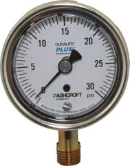 Ashcroft - 2-1/2" Dial, 1/4 Thread, 0-30 Scale Range, Pressure Gauge - Lower Connection Mount, Accurate to 1% of Scale - Industrial Tool & Supply