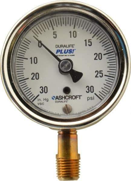 Ashcroft - 2-1/2" Dial, 1/4 Thread, 30-0-30 Scale Range, Pressure Gauge - Lower Connection Mount, Accurate to 1% of Scale - Industrial Tool & Supply