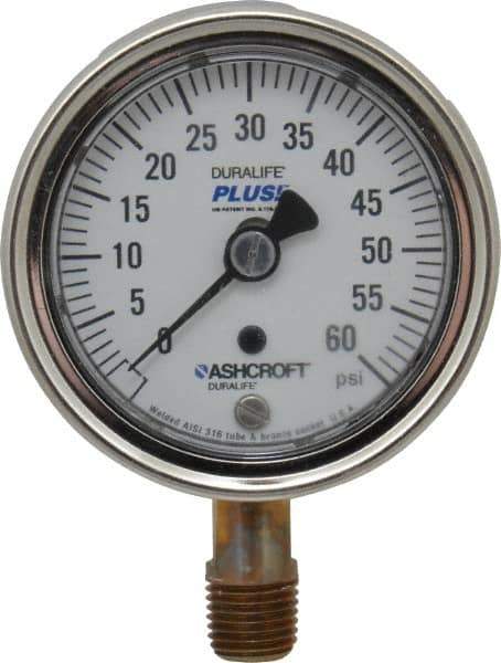 Ashcroft - 2-1/2" Dial, 1/4 Thread, 0-60 Scale Range, Pressure Gauge - Lower Connection Mount, Accurate to 1% of Scale - Industrial Tool & Supply