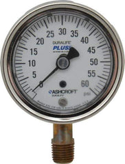 Ashcroft - 2-1/2" Dial, 1/4 Thread, 0-60 Scale Range, Pressure Gauge - Lower Connection Mount, Accurate to 1% of Scale - Industrial Tool & Supply