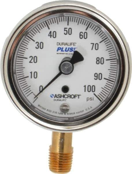 Ashcroft - 2-1/2" Dial, 1/4 Thread, 0-100 Scale Range, Pressure Gauge - Lower Connection Mount, Accurate to 1% of Scale - Industrial Tool & Supply
