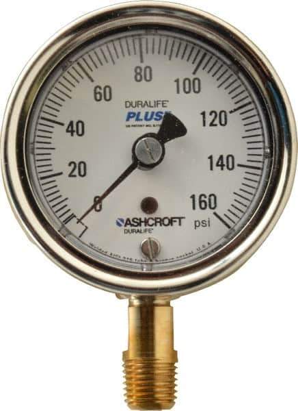 Ashcroft - 2-1/2" Dial, 1/4 Thread, 0-160 Scale Range, Pressure Gauge - Lower Connection Mount, Accurate to 1% of Scale - Industrial Tool & Supply
