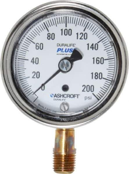 Ashcroft - 2-1/2" Dial, 1/4 Thread, 0-200 Scale Range, Pressure Gauge - Lower Connection Mount, Accurate to 1% of Scale - Industrial Tool & Supply