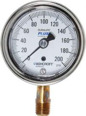 Ashcroft - 2-1/2" Dial, 1/4 Thread, 0-200 Scale Range, Pressure Gauge - Lower Connection Mount, Accurate to 1% of Scale - Industrial Tool & Supply