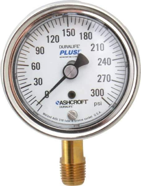 Ashcroft - 2-1/2" Dial, 1/4 Thread, 0-300 Scale Range, Pressure Gauge - Lower Connection Mount, Accurate to 1% of Scale - Industrial Tool & Supply