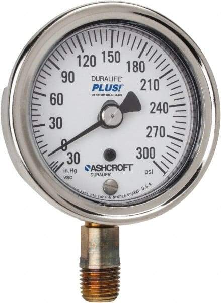 Ashcroft - 2-1/2" Dial, 1/4 Thread, 30-0-300 Scale Range, Pressure Gauge - Lower Connection Mount, Accurate to 1% of Scale - Industrial Tool & Supply
