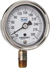 Ashcroft - 2-1/2" Dial, 1/4 Thread, 30-0-300 Scale Range, Pressure Gauge - Lower Connection Mount, Accurate to 1% of Scale - Industrial Tool & Supply