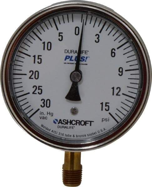 Ashcroft - 3-1/2" Dial, 1/4 Thread, 30-0-15 Scale Range, Pressure Gauge - Lower Connection Mount, Accurate to 1% of Scale - Industrial Tool & Supply