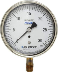 Ashcroft - 3-1/2" Dial, 1/4 Thread, 0-30 Scale Range, Pressure Gauge - Lower Connection Mount, Accurate to 1% of Scale - Industrial Tool & Supply