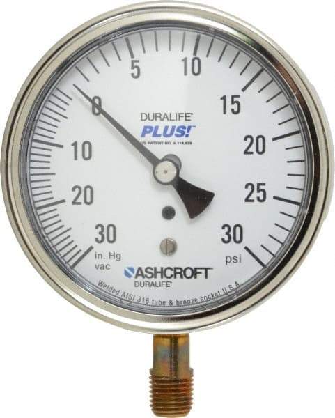 Ashcroft - 3-1/2" Dial, 1/4 Thread, 30-0-30 Scale Range, Pressure Gauge - Lower Connection Mount, Accurate to 1% of Scale - Industrial Tool & Supply