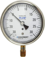 Ashcroft - 3-1/2" Dial, 1/4 Thread, 30-0-30 Scale Range, Pressure Gauge - Lower Connection Mount, Accurate to 1% of Scale - Industrial Tool & Supply