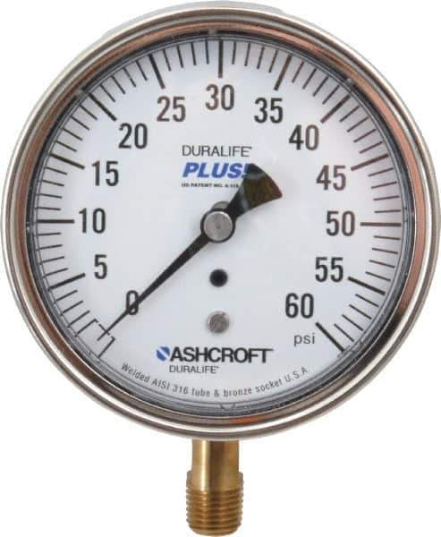 Ashcroft - 3-1/2" Dial, 1/4 Thread, 0-60 Scale Range, Pressure Gauge - Lower Connection Mount, Accurate to 1% of Scale - Industrial Tool & Supply