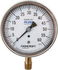 Ashcroft - 3-1/2" Dial, 1/4 Thread, 0-60 Scale Range, Pressure Gauge - Lower Connection Mount, Accurate to 1% of Scale - Industrial Tool & Supply