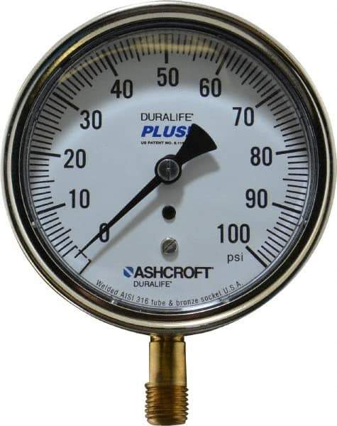 Ashcroft - 3-1/2" Dial, 1/4 Thread, 0-100 Scale Range, Pressure Gauge - Lower Connection Mount, Accurate to 1% of Scale - Industrial Tool & Supply