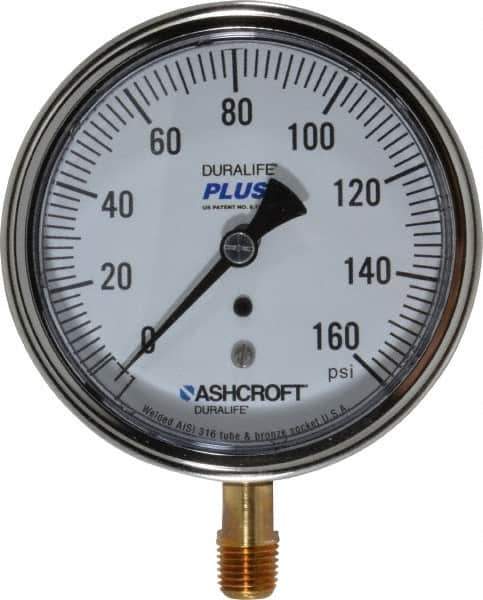 Ashcroft - 3-1/2" Dial, 1/4 Thread, 0-160 Scale Range, Pressure Gauge - Lower Connection Mount, Accurate to 1% of Scale - Industrial Tool & Supply