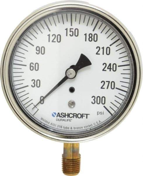 Ashcroft - 3-1/2" Dial, 1/4 Thread, 0-300 Scale Range, Pressure Gauge - Lower Connection Mount, Accurate to 1% of Scale - Industrial Tool & Supply