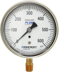 Ashcroft - 3-1/2" Dial, 1/4 Thread, 0-600 Scale Range, Pressure Gauge - Lower Connection Mount, Accurate to 1% of Scale - Industrial Tool & Supply