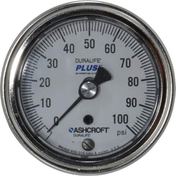 Ashcroft - 2-1/2" Dial, 1/4 Thread, 0-100 Scale Range, Pressure Gauge - Center Back Connection Mount, Accurate to 1% of Scale - Industrial Tool & Supply